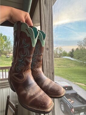 Justin Boots Brown Leather Cowboy Boots with Teal Shaft Accents